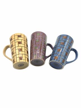 3 Cordon Bleu International Retro Style Stoneware Latte Mugs Geometric Tiles